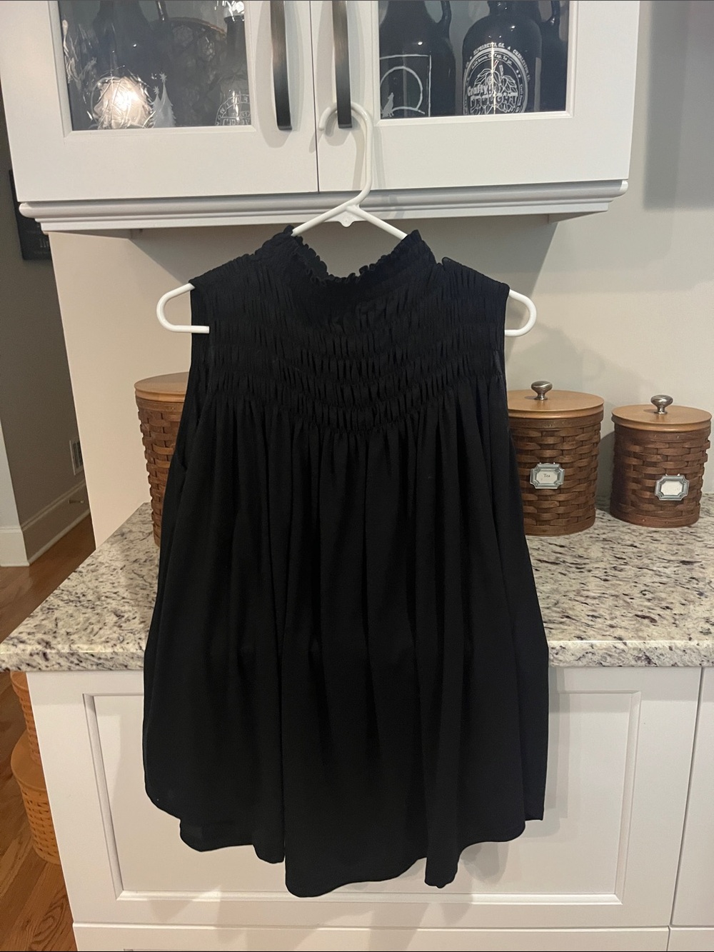Black Smocked High-Neck Sleeveless Top